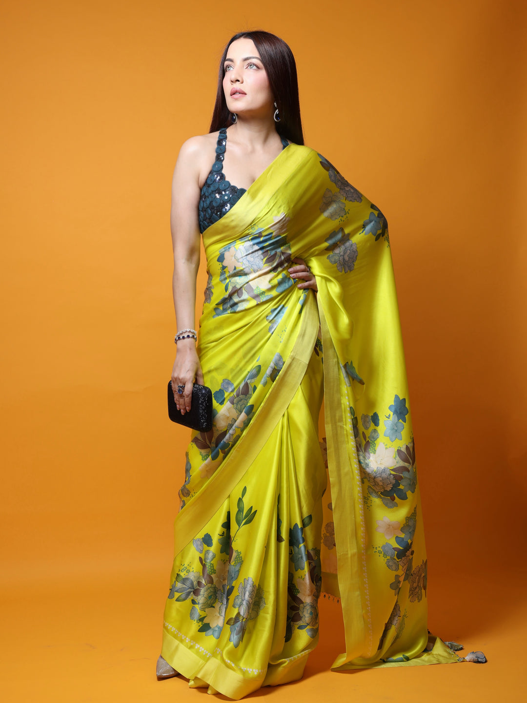 CELINA JAITLY IN YELLOW ORIENTAL BLOOM SARI SET