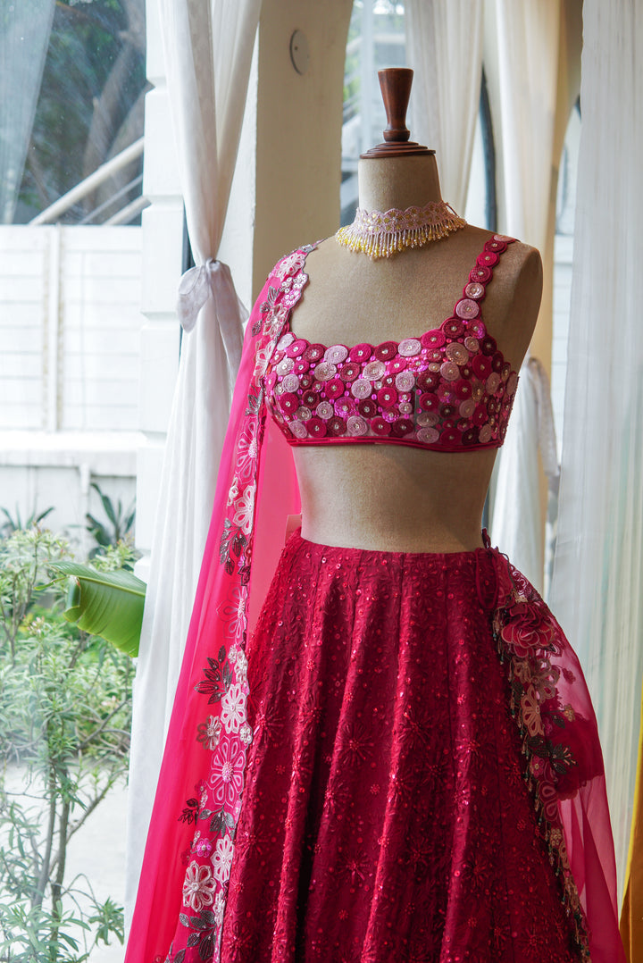 Ruby Red Hand Embroidered Lehenga Set ( MZ LH 07 )