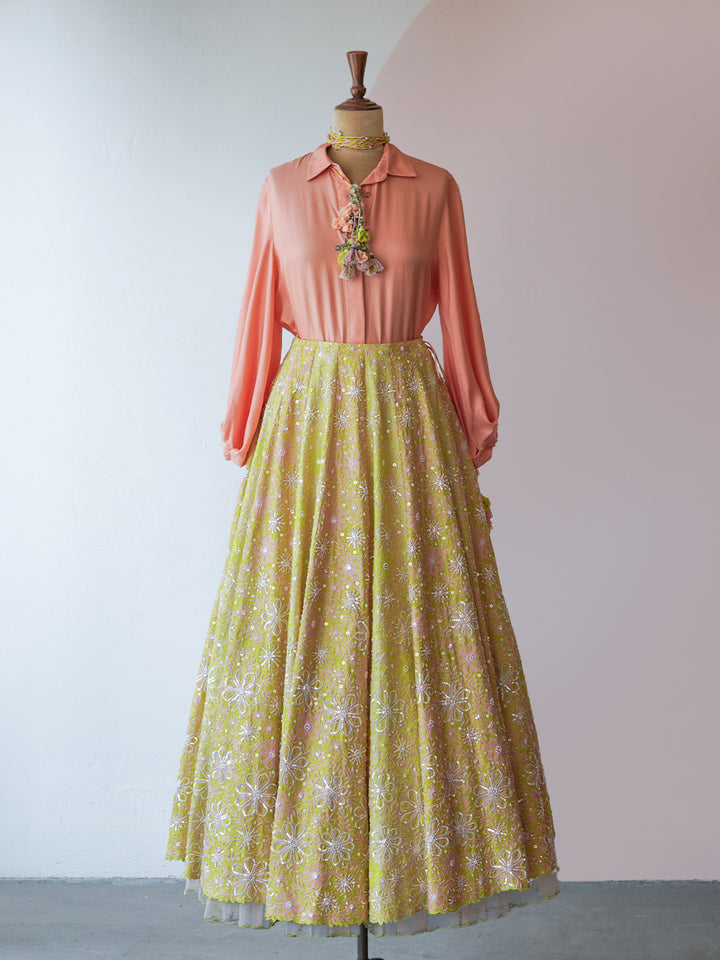 Peach shirt with Spring Green Hand Embroidered Lehenga ( MZ LH 07 )
