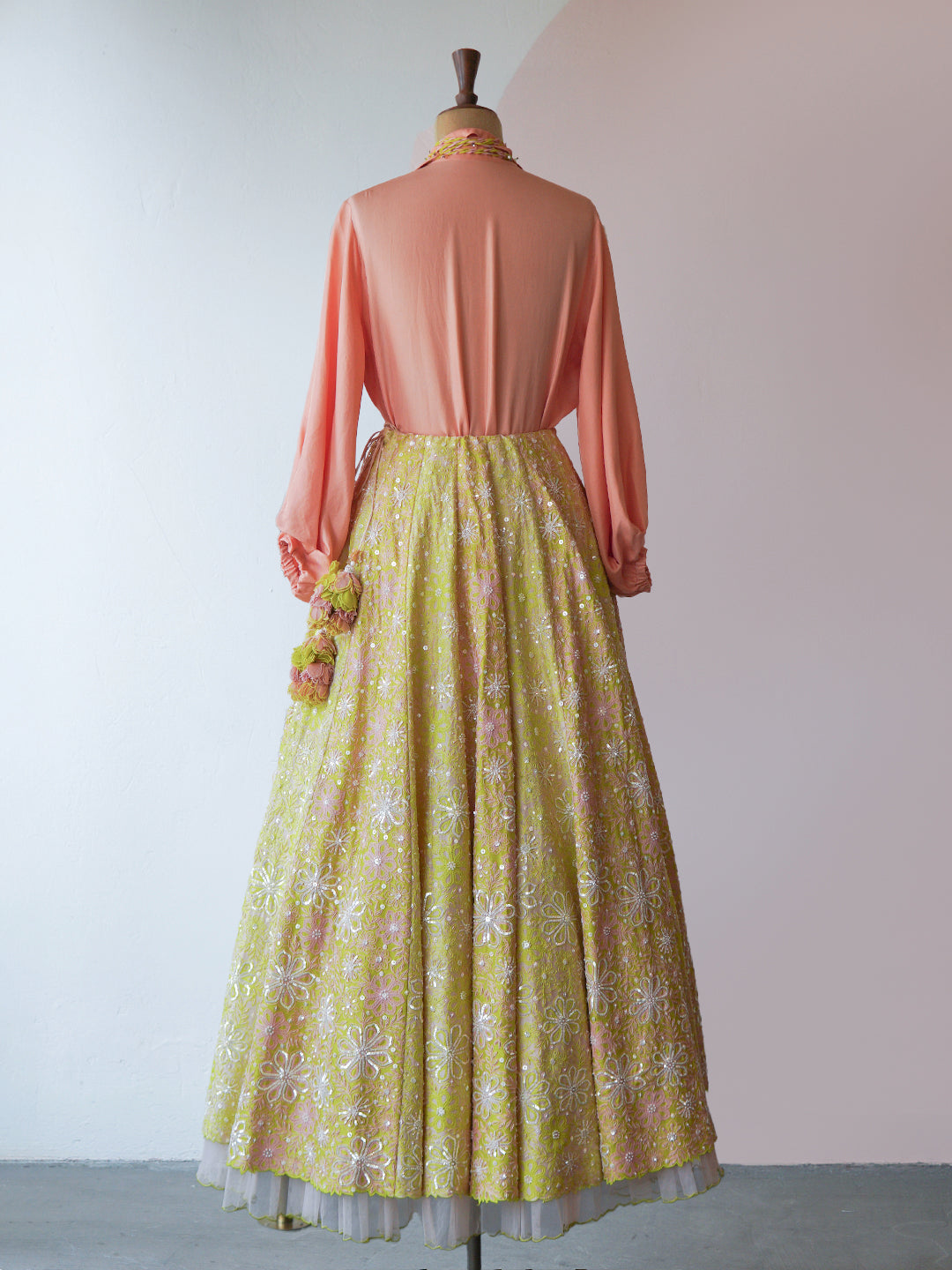 Peach shirt with Spring Green Hand Embroidered Lehenga ( MZ LH 07 )