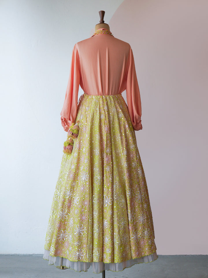 Peach shirt with Spring Green Hand Embroidered Lehenga ( MZ LH 07 )