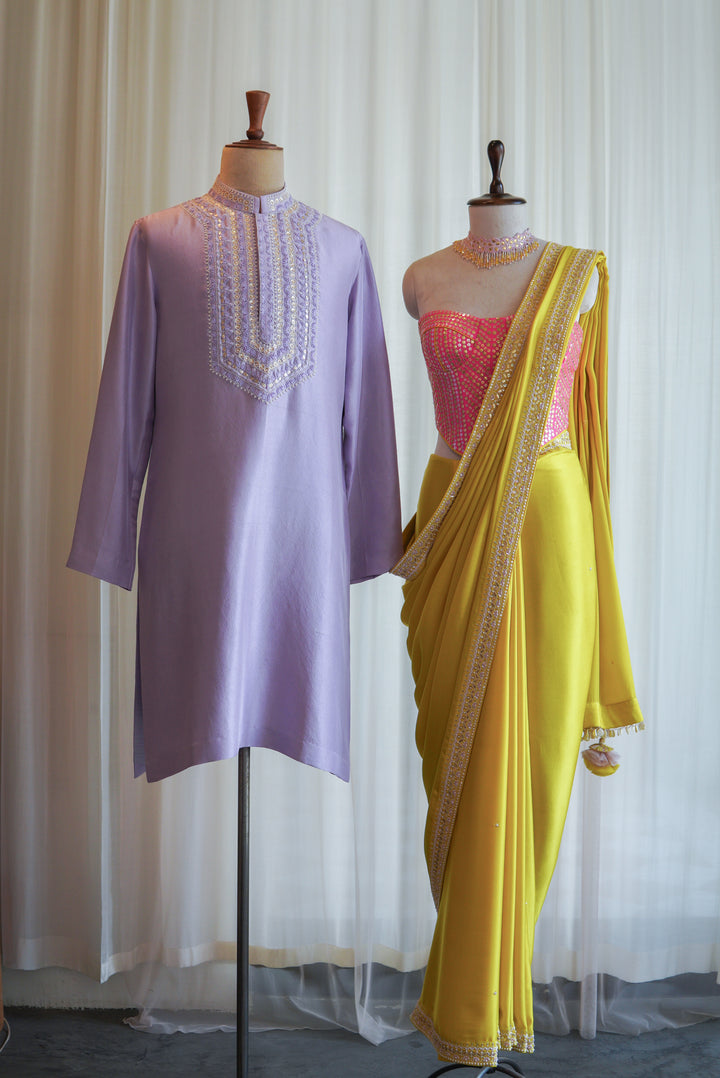 OCHRE SAREE WITH HOT PINK CORSET