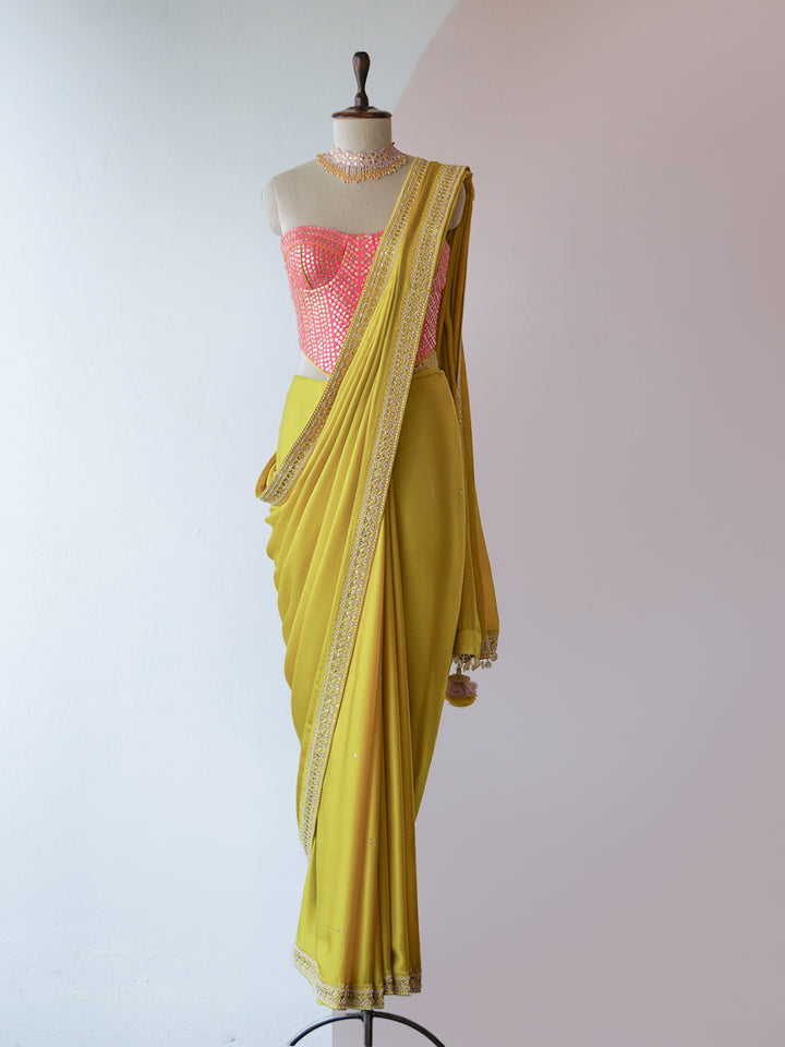 OCHRE SAREE WITH HOT PINK CORSET