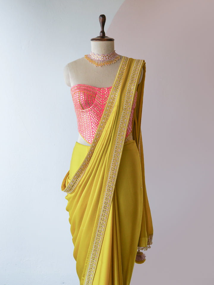 OCHRE SAREE WITH HOT PINK CORSET