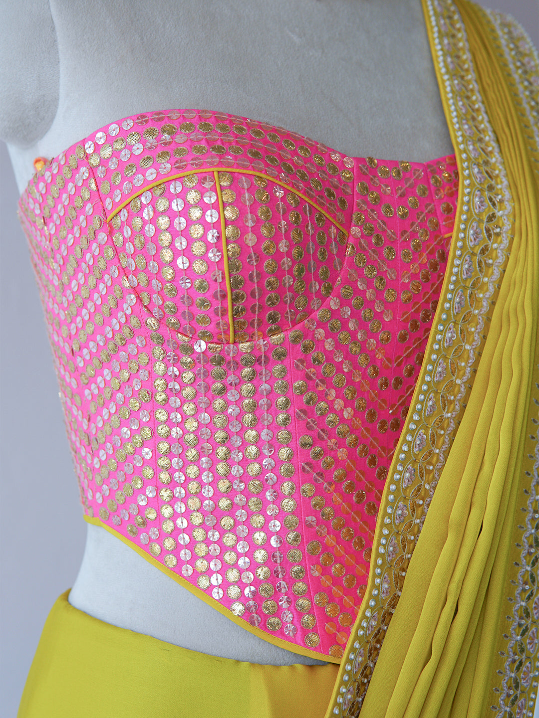 OCHRE SAREE WITH HOT PINK CORSET