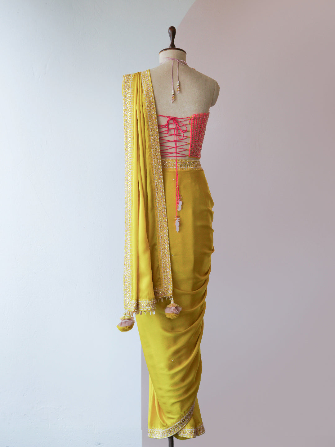 OCHRE SAREE WITH HOT PINK CORSET