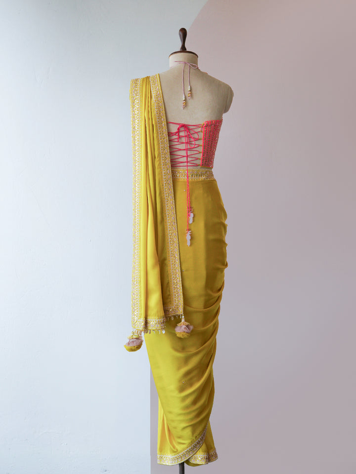 OCHRE SAREE WITH HOT PINK CORSET