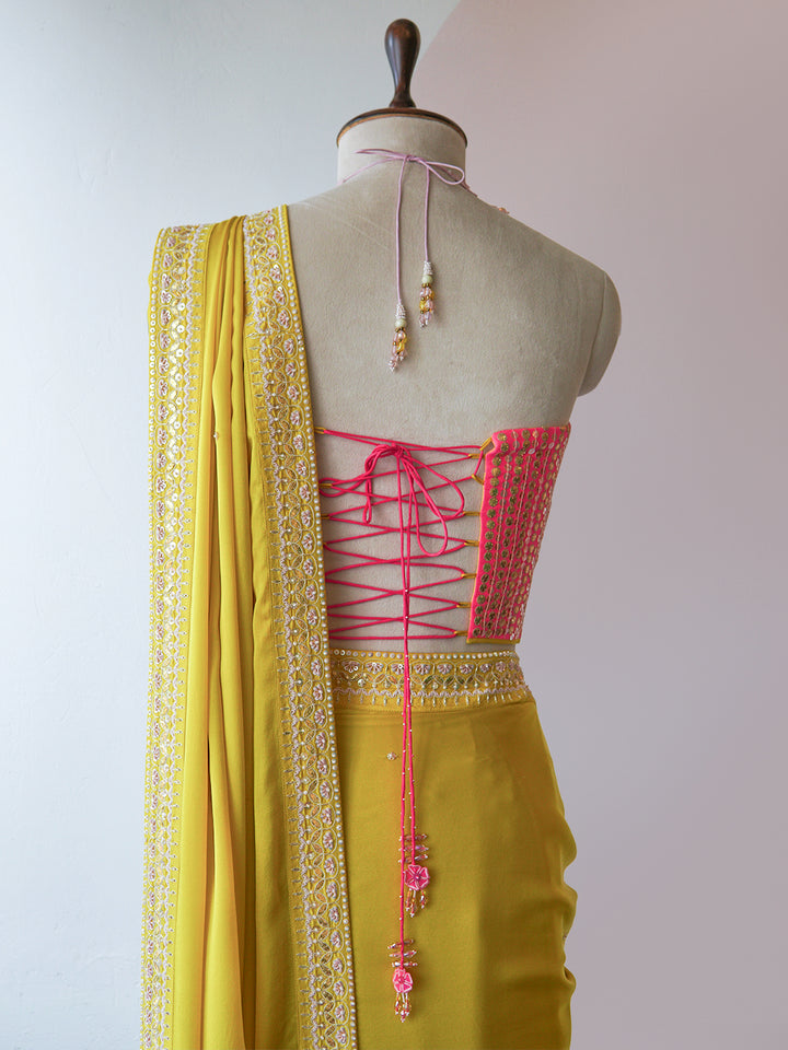 OCHRE SAREE WITH HOT PINK CORSET