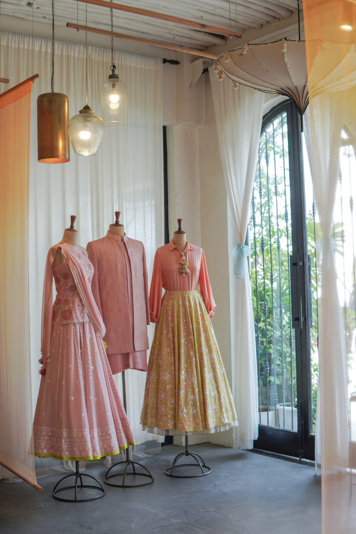 Peach shirt with Spring Green Hand Embroidered Lehenga ( MZ LH 07 )