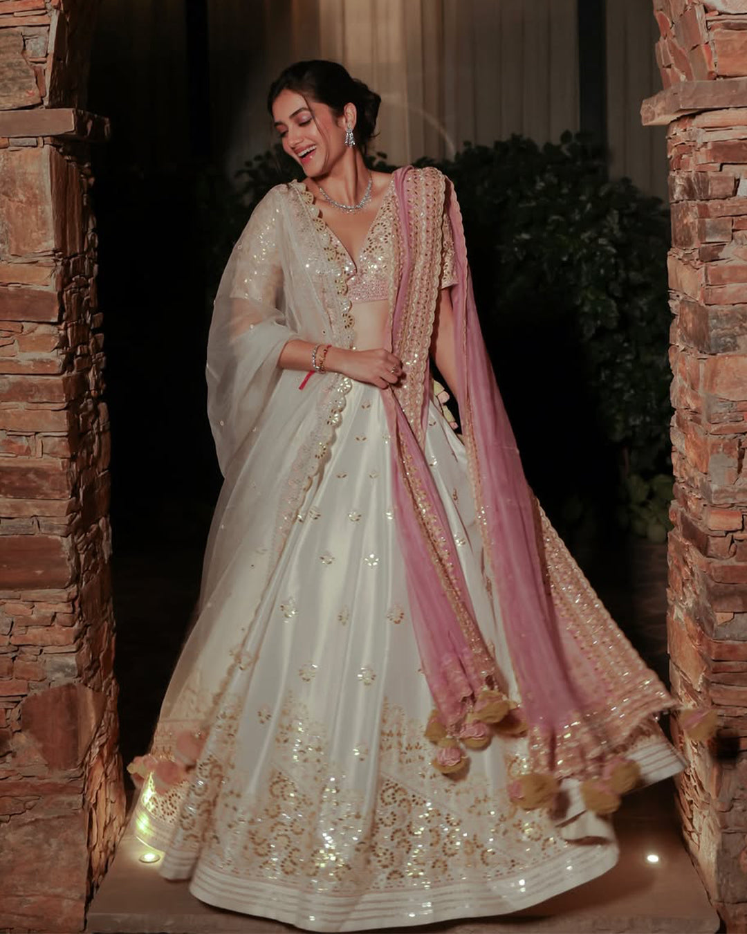 BHAGYASHRI BORSE IN NARGIS IVORY SILK LEHENGA