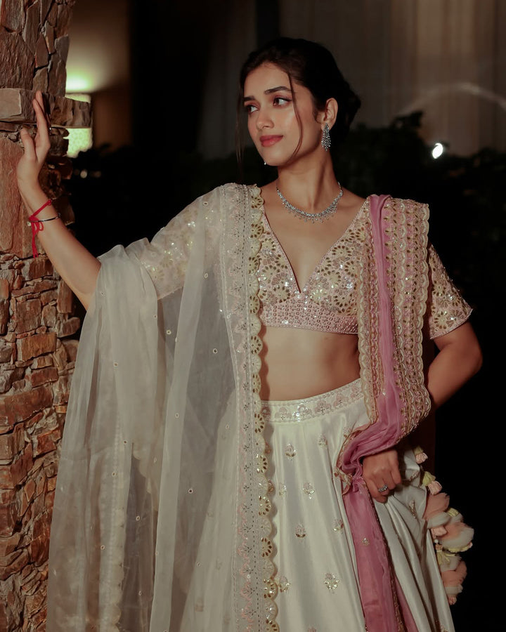 BHAGYASHRI BORSE IN NARGIS IVORY SILK LEHENGA