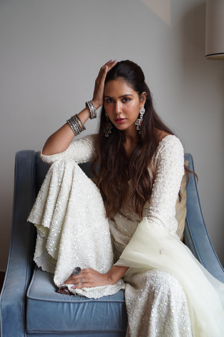 Sonam Bajwa in Shimmery Sea Foam Sharara Set
