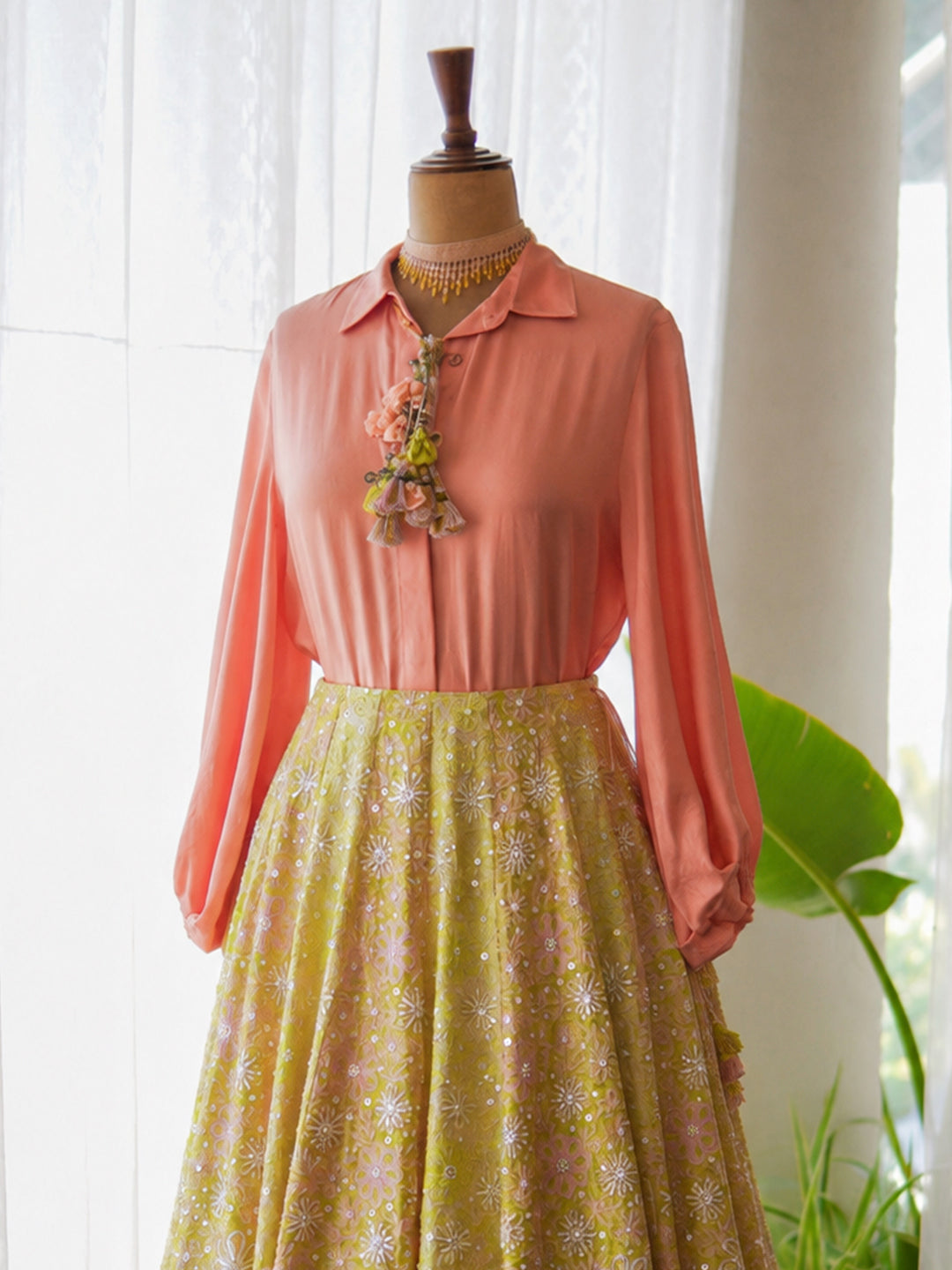 Peach shirt with Spring Green Hand Embroidered Lehenga ( MZ LH 07 )