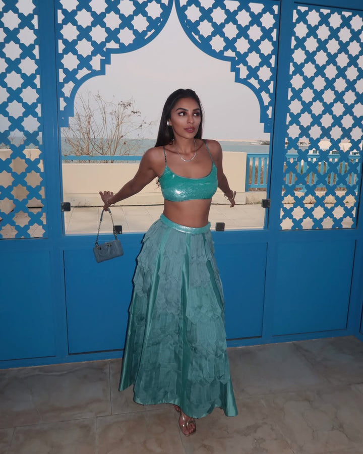 PAYAL SHAH IN  KA-PHEN 3D SKIRT PAIRED WITH MORPHO SEQUIN BUSTIER