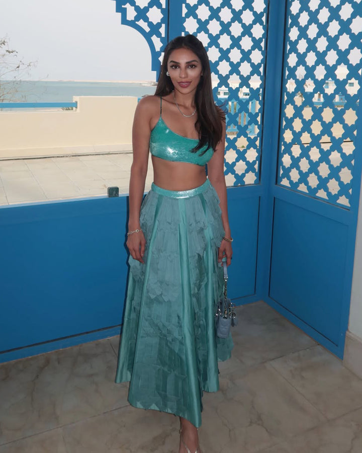 PAYAL SHAH IN  KA-PHEN 3D SKIRT PAIRED WITH MORPHO SEQUIN BUSTIER