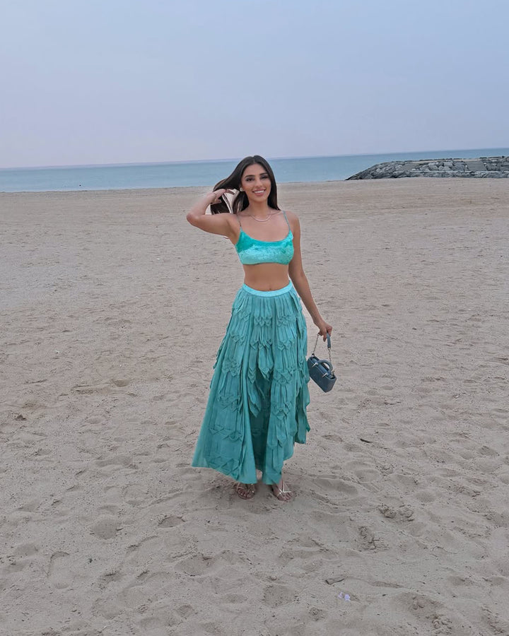 PAYAL SHAH IN  KA-PHEN 3D SKIRT PAIRED WITH MORPHO SEQUIN BUSTIER
