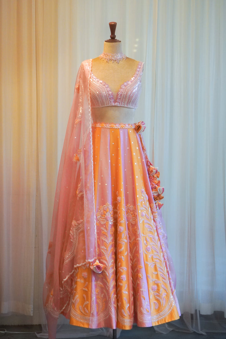 Lilac & Orange Hand Embroidered Lehenga Set
