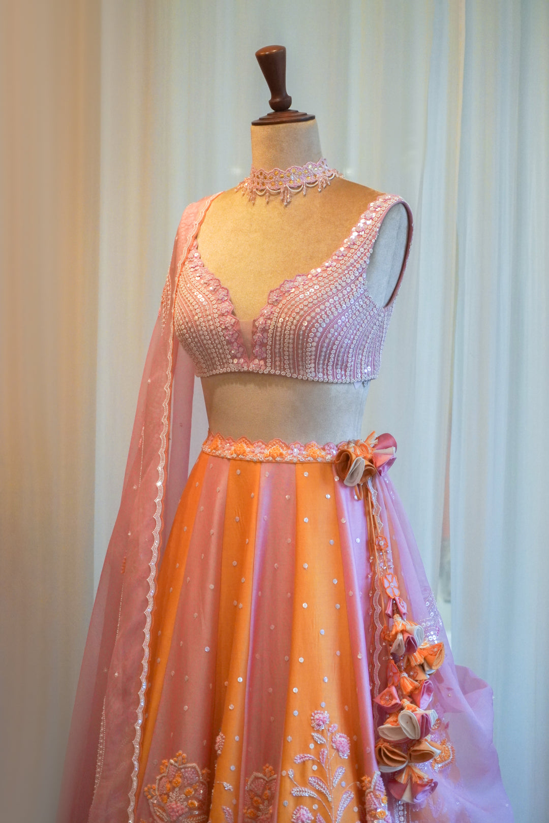 Lilac & Orange Hand Embroidered Lehenga Set