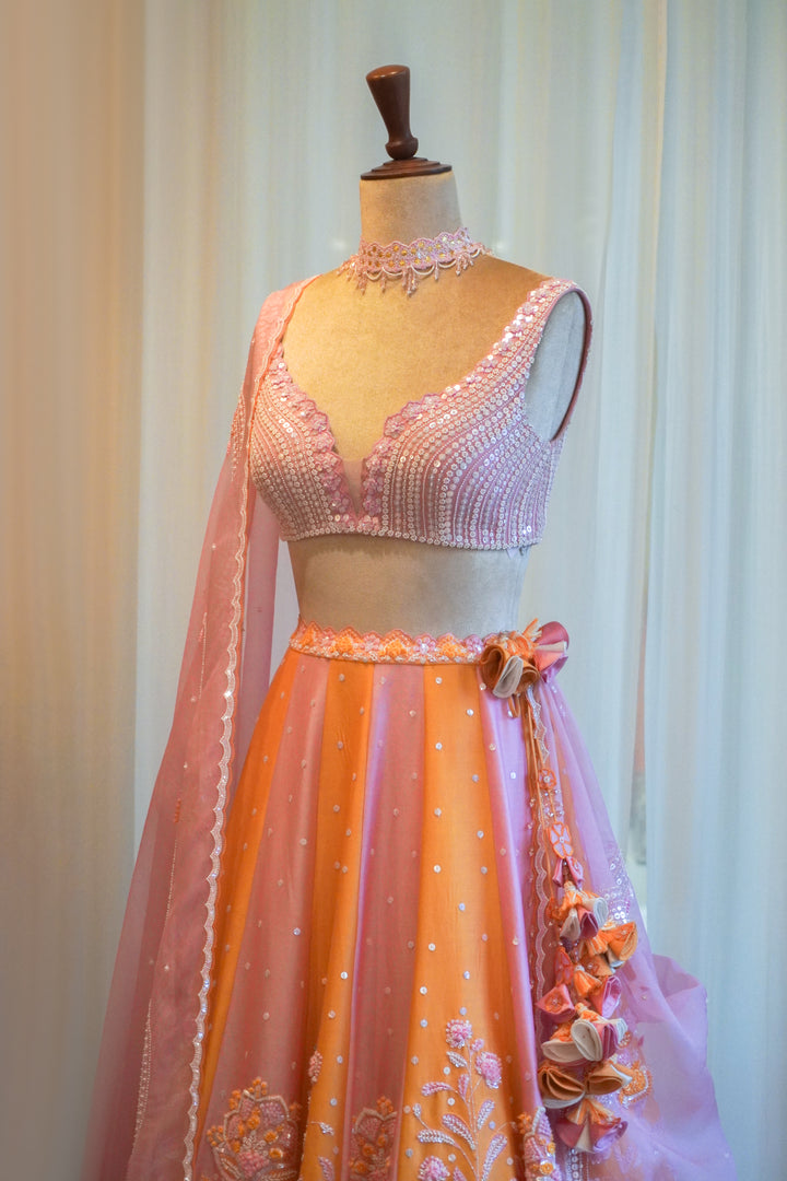 Lilac & Orange Hand Embroidered Lehenga Set