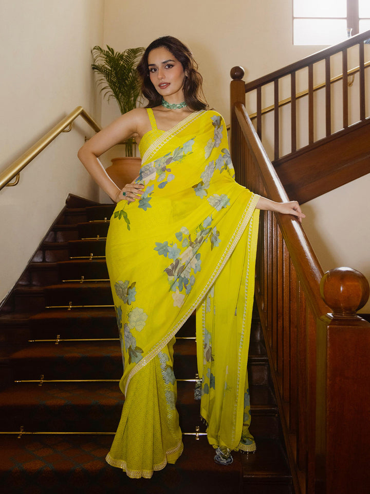 Manushi Chhillar in Yellow Oriental Bloom Sari
