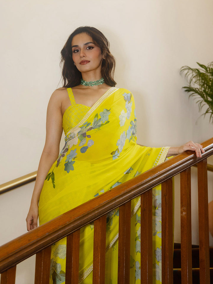 Manushi Chhillar in Yellow Oriental Bloom Sari