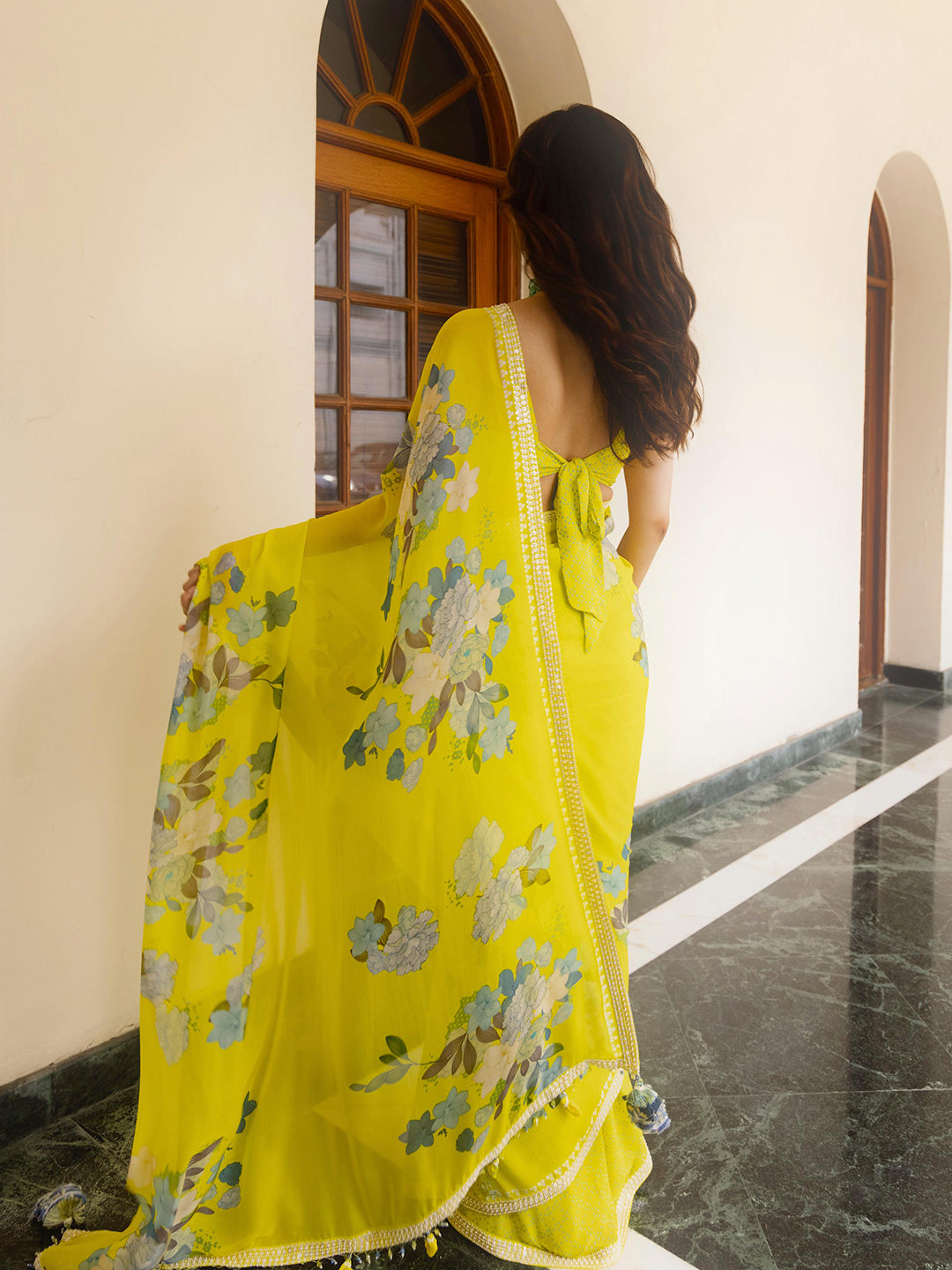 Manushi Chhillar in Yellow Oriental Bloom Sari