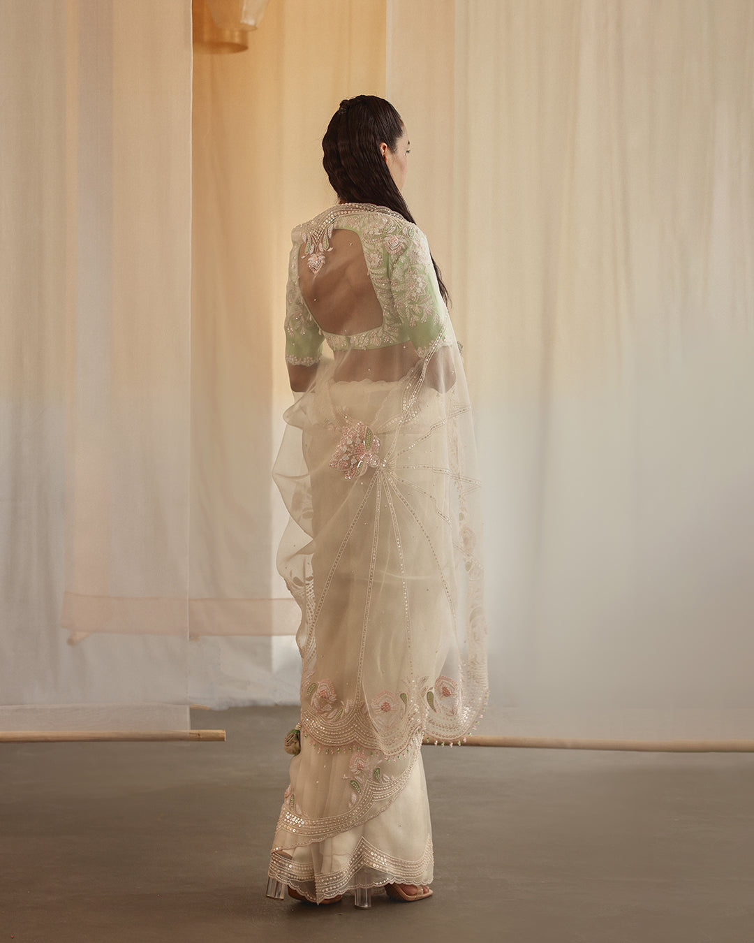 moon dust silk organza sari set